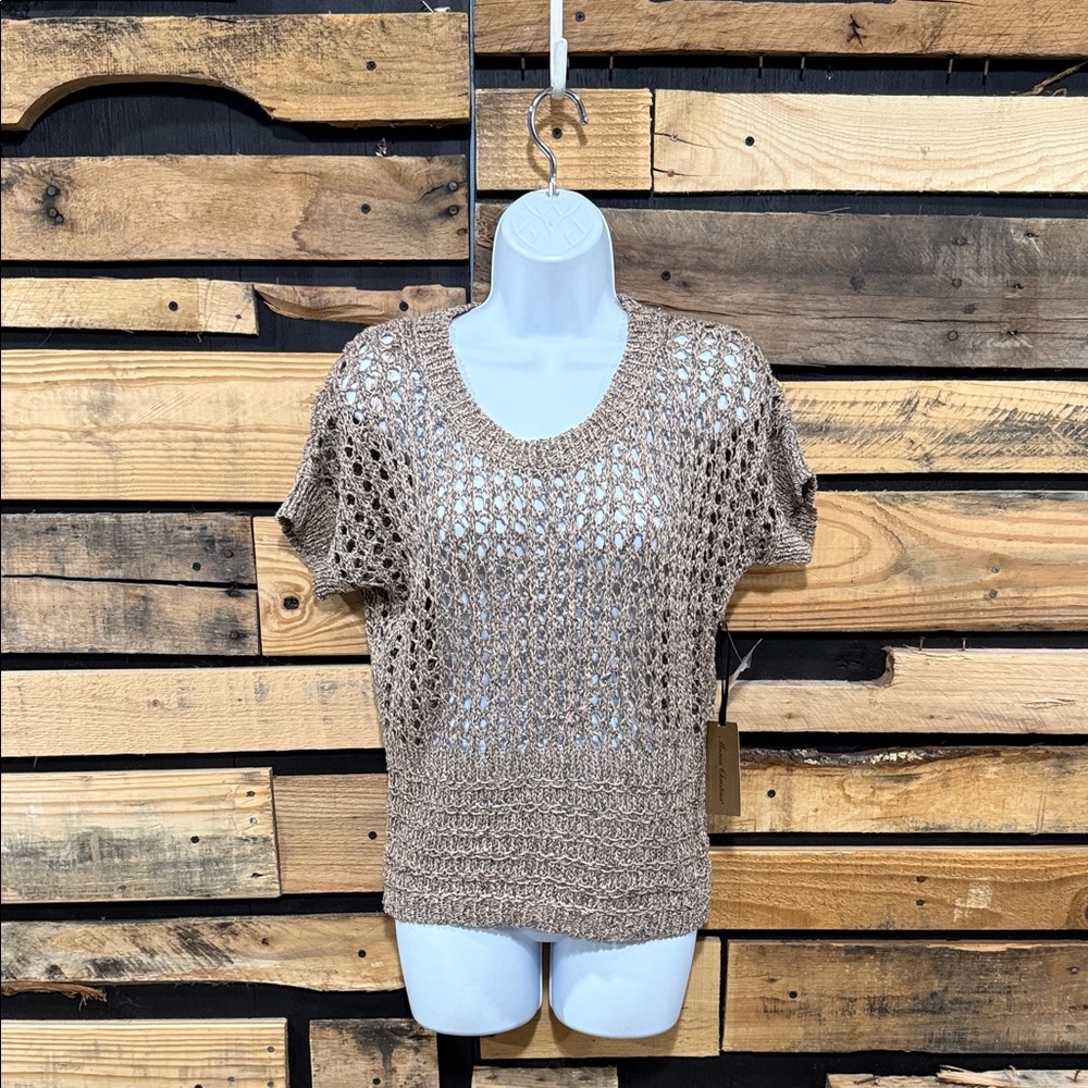 Marisa Christina NWT Cream/Gold/Black Crochet Short Sleeve Sweater Size‎ XS